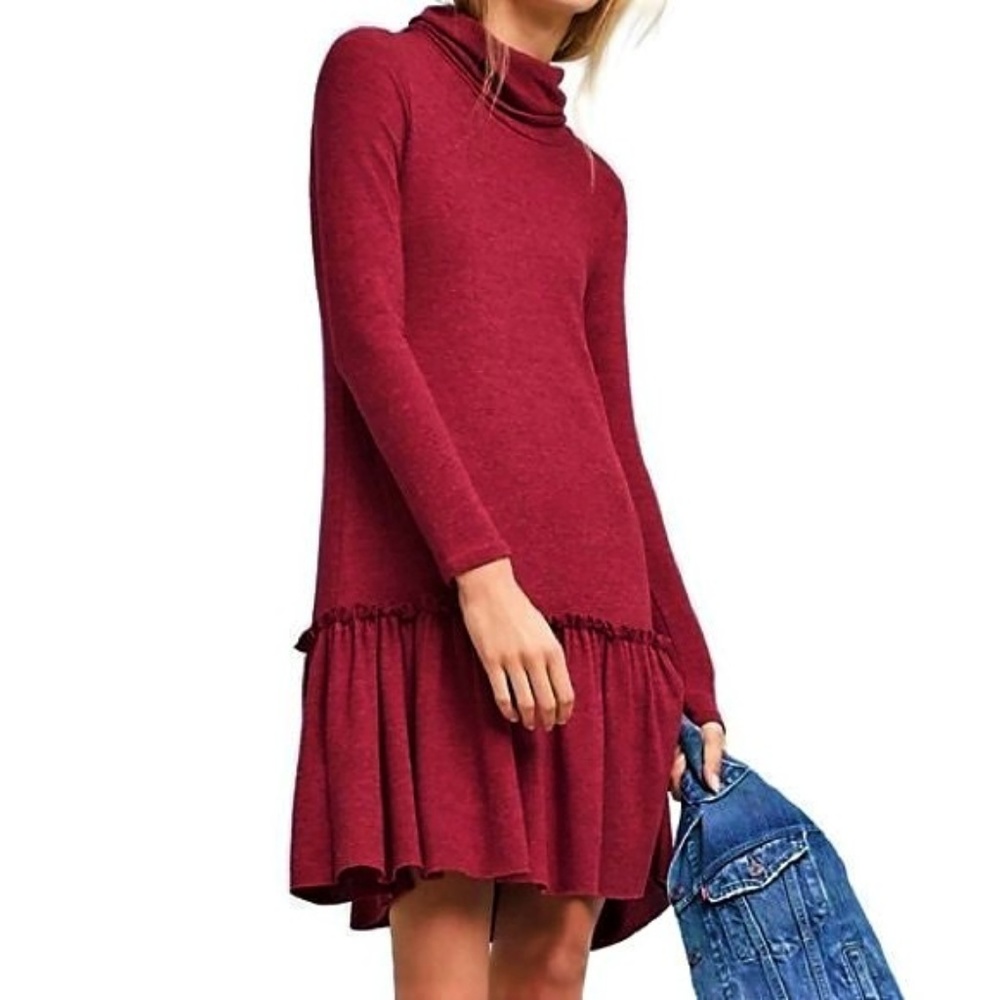 Sunday in Brooklyn Anthro Cozy Dress Soft Knit Cowl Neck Ruffle Hem Burgundy S - Picture 3 of 8